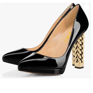 FSJ Black Platform Gold Metal Chain Chunky High Heel Pointed Toe Slip On Pumps